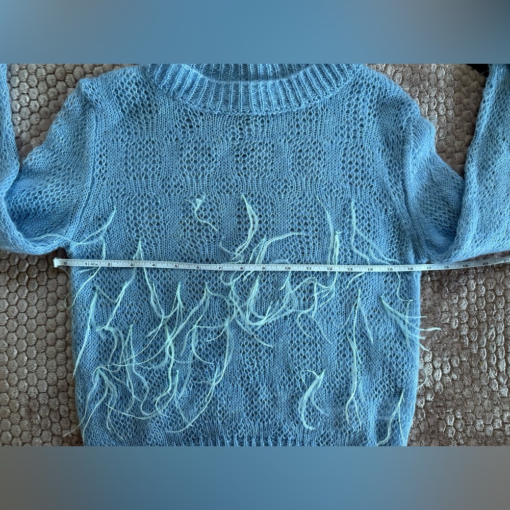 Zara Womens Knitted Sweater Pullover Feather Fringe Size M Blue Wool Blend - Picture 8 of 11
